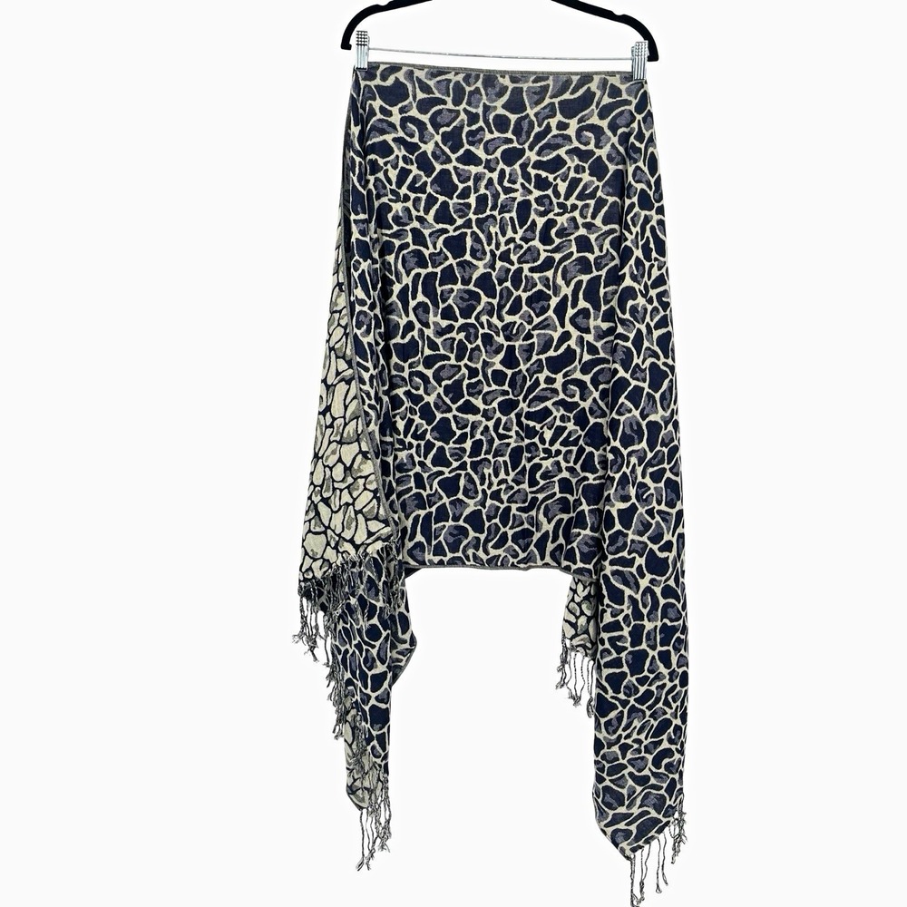 Pashmina Reversible Navy Blue Beige Animal Print Scarf Fringe Woven Women's Wrap